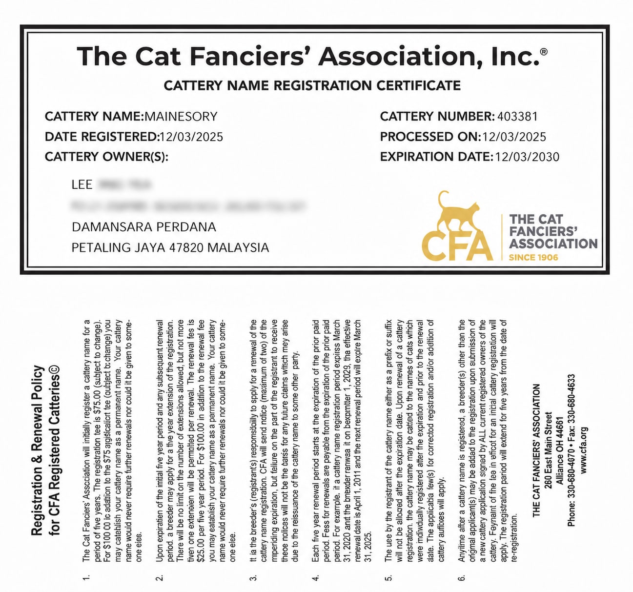 Mainesory's Cat Fanciers' Association cattery name registration certificate, number 403381, registered 12 March 2025