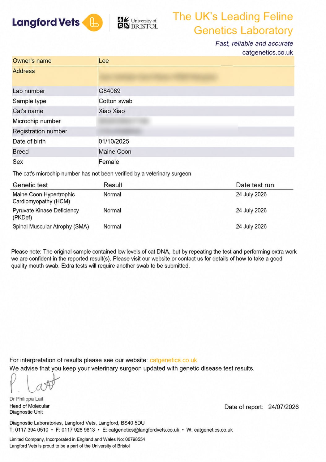 Langford Vets genetic test report for our Maine Coon queen Xiao Xiao, showing Normal results for HCM, PKdef and SMA
